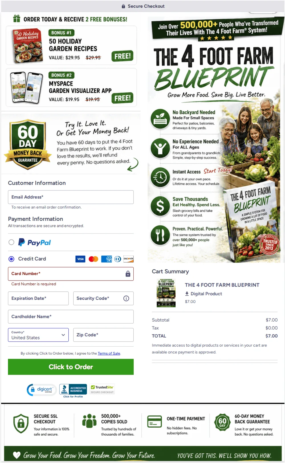 Official ClickBank secure checkout page preview for The 4 Foot Farm Blueprint system with two free bonuses