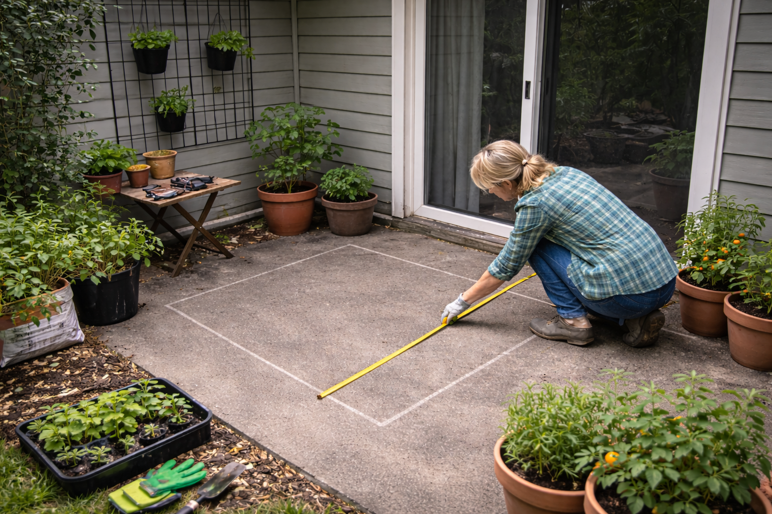 Homeowner measuring four feet of space on an outdoor concrete patio for compact vegetable garden setup