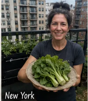 Elena from New York holding fresh Asian greens on her apartment balcony